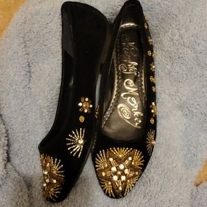 Size 7.5 black flats with gold embellishments